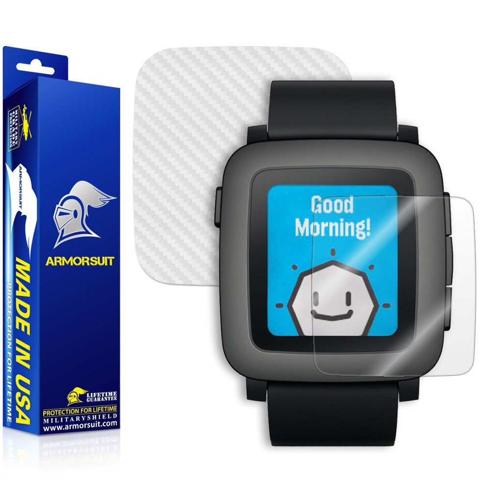Pebble Time Screen Protector + White Carbon Fiber Skin