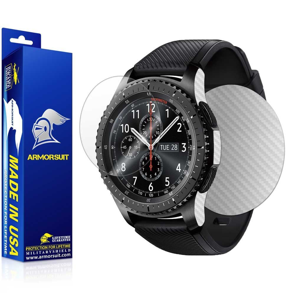 Samsung Gear S3 Frontier Screen Protector + White Carbon Fiber Skin