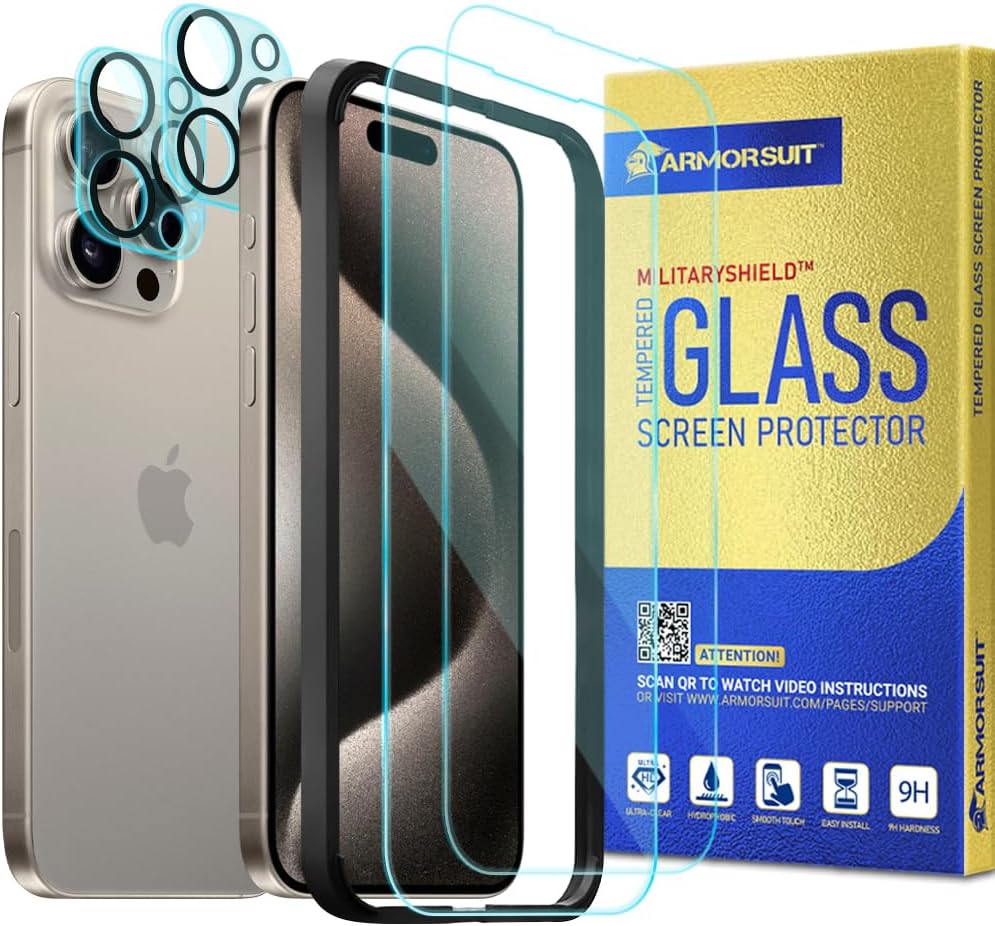 [2 Pack + 2 Pack] ArmorSuit for iPhone 15 Pro (6.1 in) Tempered Glass Screen Protector + Camera Lenses protector