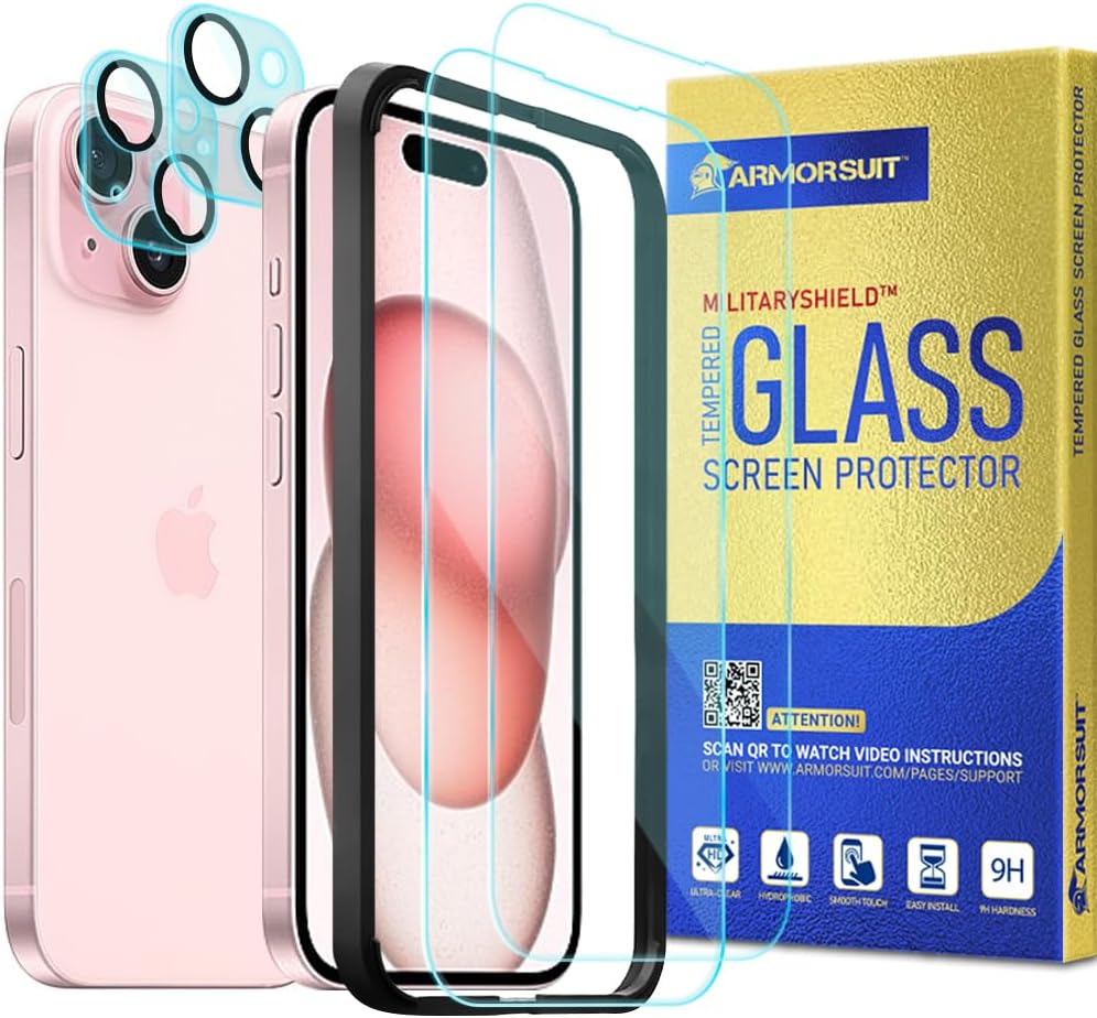 [2 Pack +2 Pack] ArmorSuit for iPhone 15 (6.1 in) Tempered Glass Screen Protector + Camera lenses