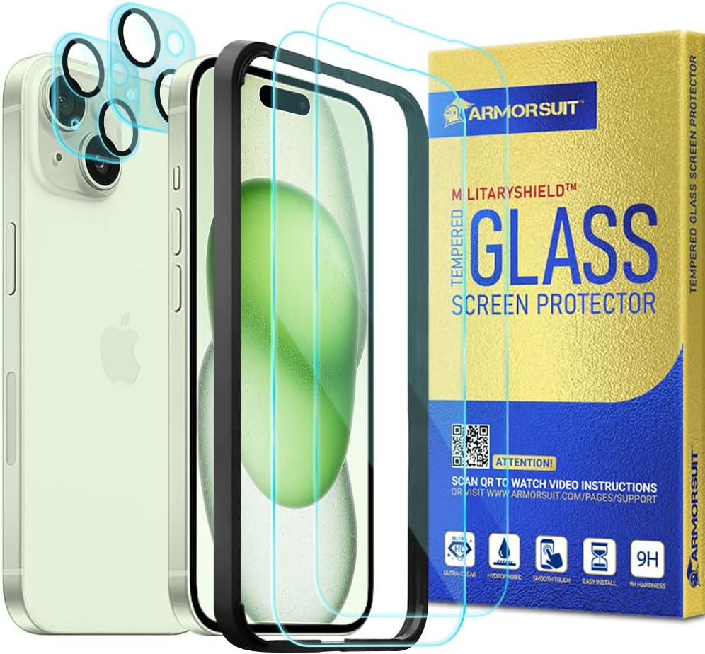 [2 Pack +2 Pack] ArmorSuit for iPhone 15 Plus (6.7 in) Tempered Glass Screen Protector and Camera Lenses