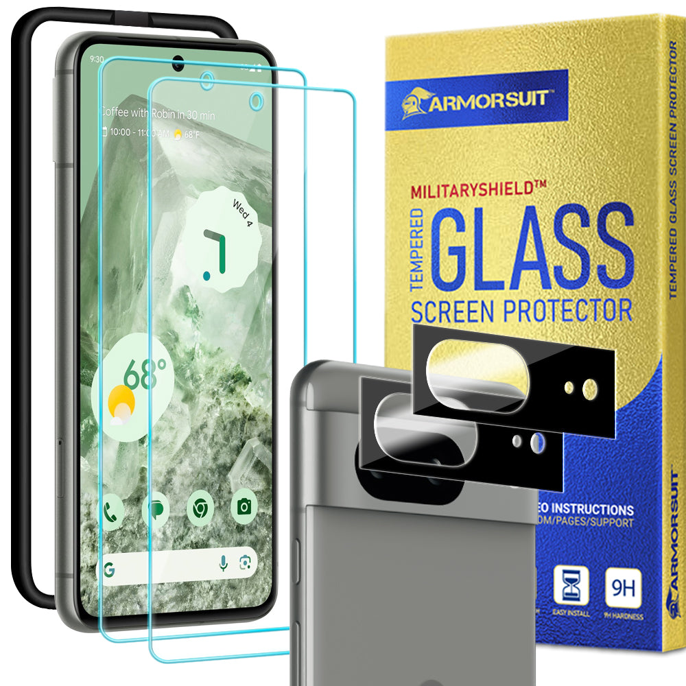 [2 + 2 Pack] ArmorSuit for Google Pixel 8 Tempered Glass Screen Protector + Camera Lens Protector