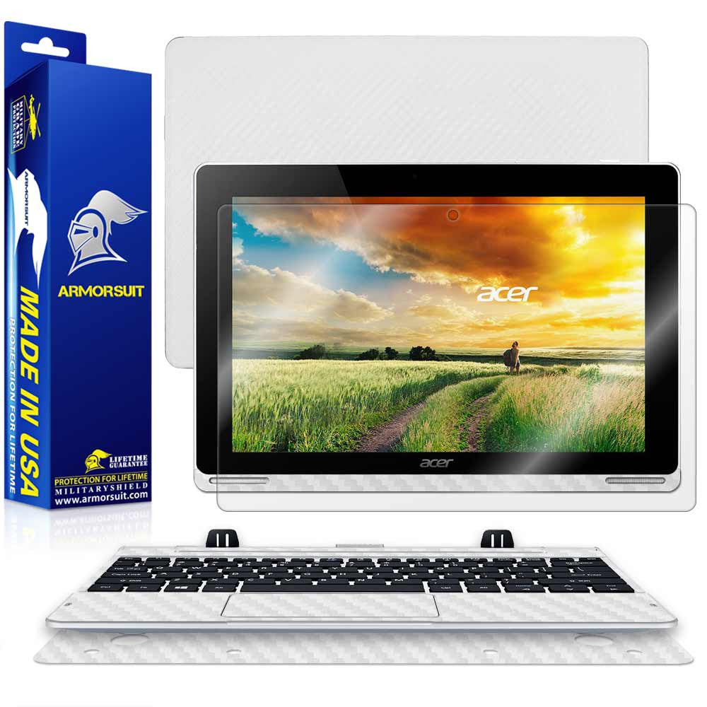 Acer Aspire Switch 10 (SW5-012) Screen Protector + White Carbon Fiber Full Body Skin Protector (Tablet & Keyboard)
