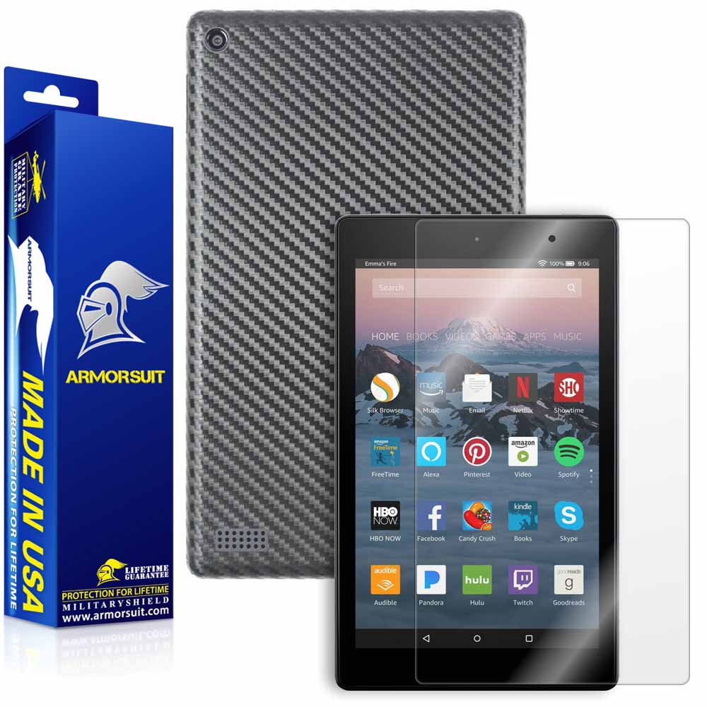 Amazon Fire 7" Screen Protector (2017 Release) + Black Carbon Fiber Full Body Skin Protector