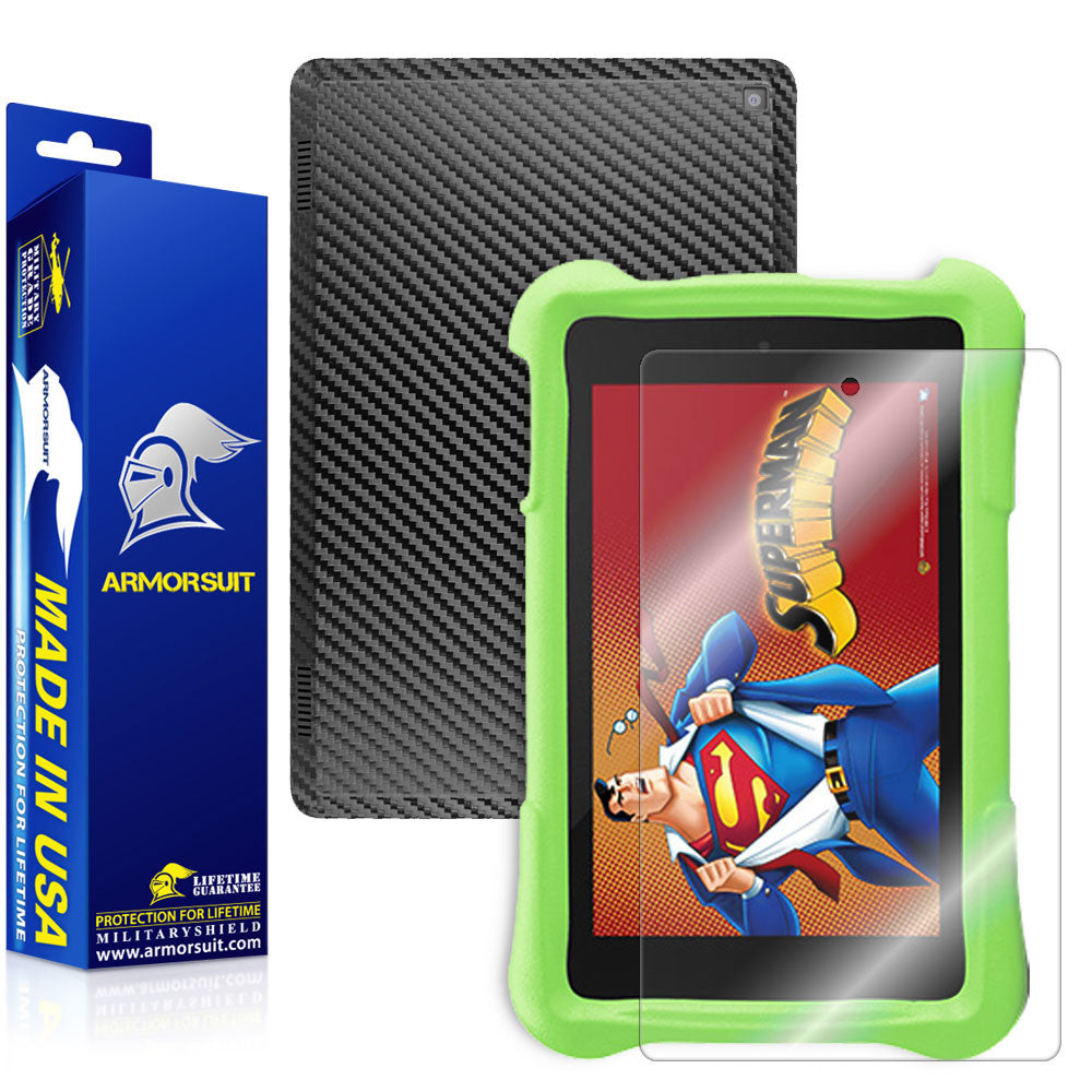 Amazon Fire HD 7 Kids Edition Screen Protector + Black Carbon Fiber Skin