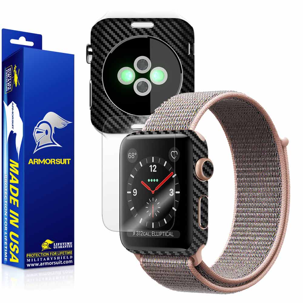 Apple Watch 38mm (Series 3) Screen Protector + Black Carbon Fiber Skin Protector