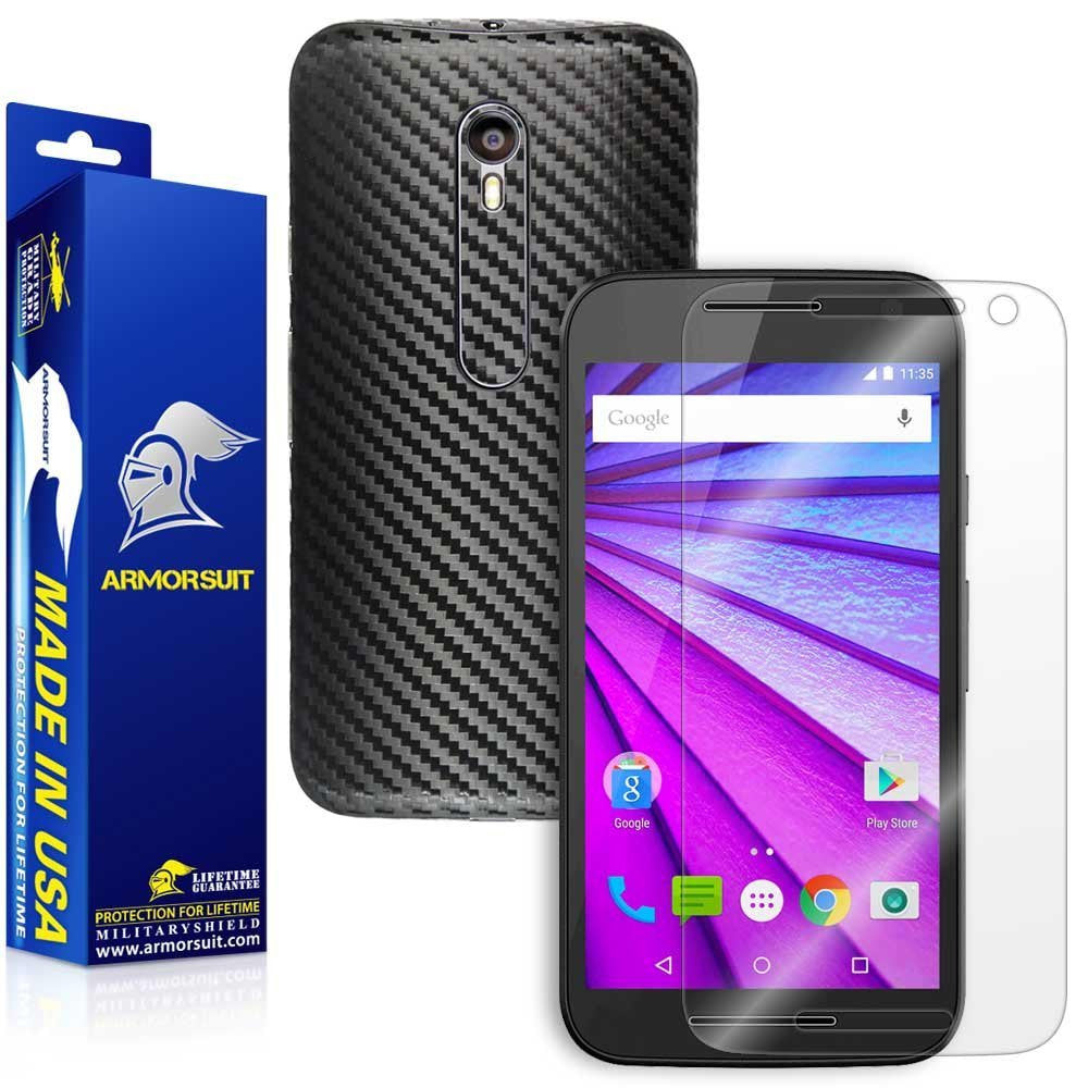 Motorola Moto G (3rd Generation 2015) Screen Protector + Black Carbon Fiber Full Body Skin Protector
