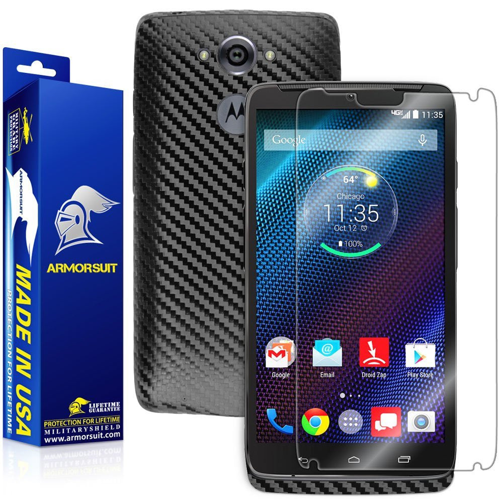 Motorola Droid Turbo Screen Protector + Black Carbon Fiber Skin (Not For Special Edition Ballistic Nylon Version)