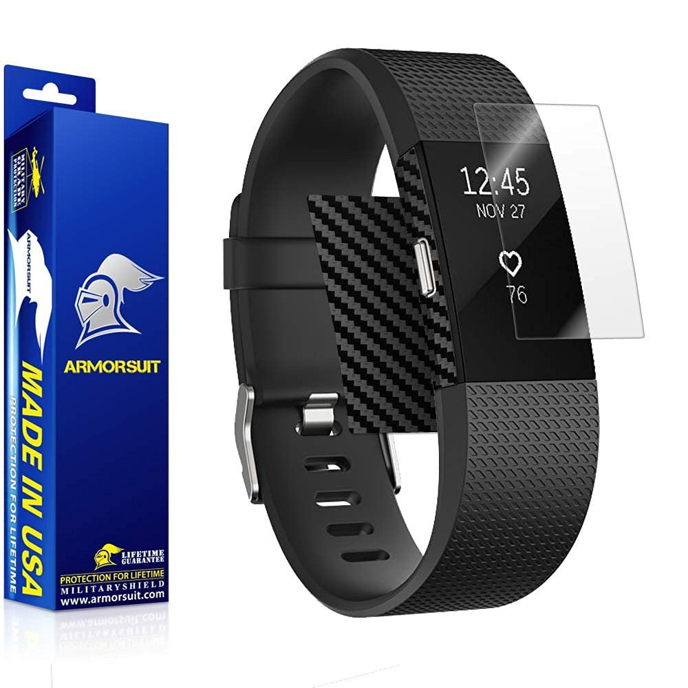 Fitbit Charge 2 Screen Protector + Black Carbon Fiber Skin