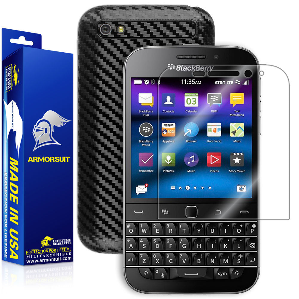 BlackBerry Classic (Q20) Screen Protector + Black Carbon Fiber Skin