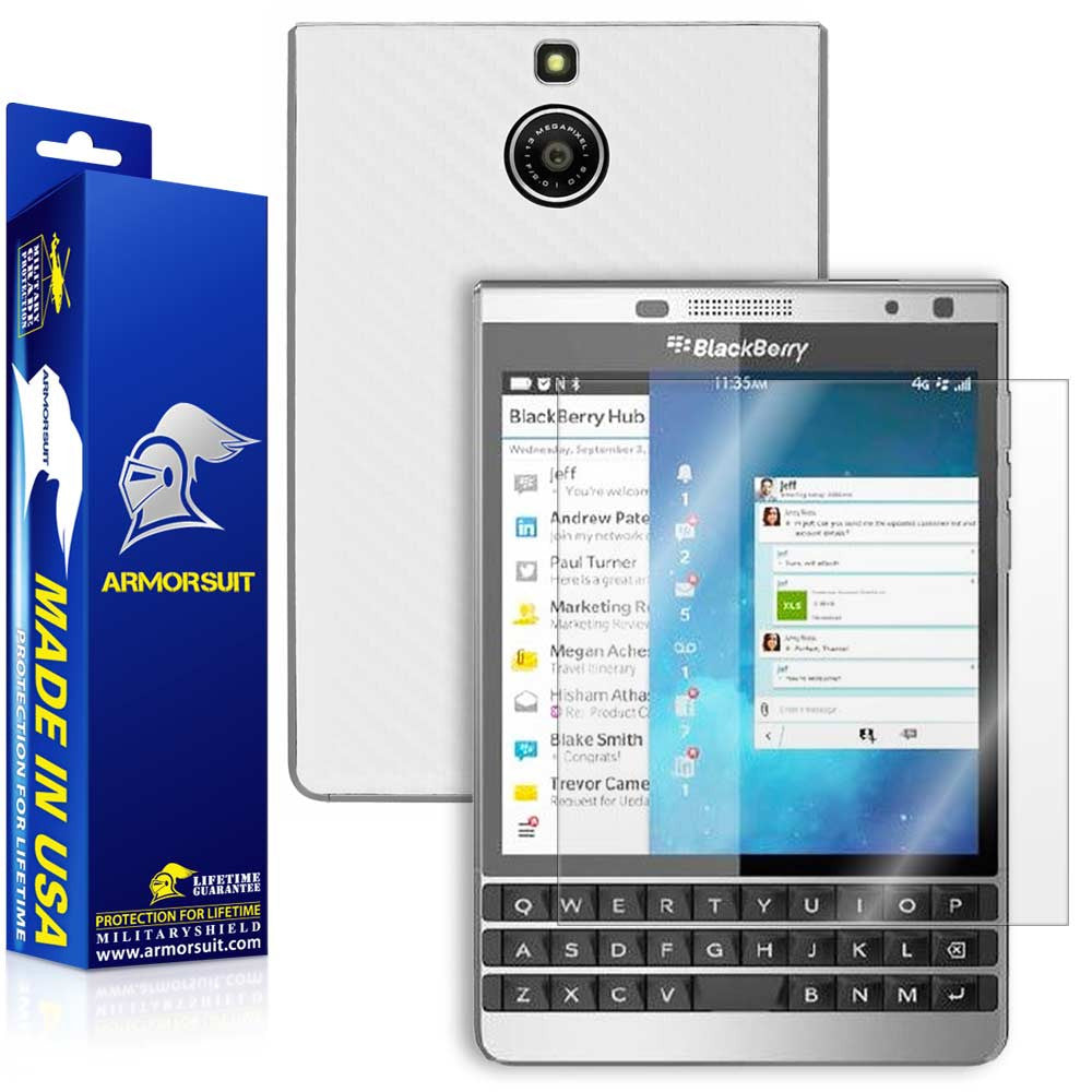 BlackBerry Passport Sliver Edition Screen Protector + White Carbon Fiber Skin