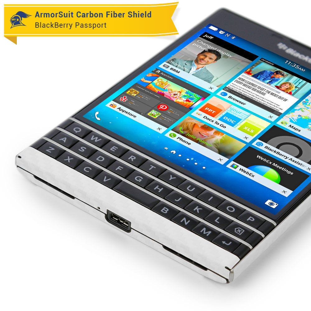 BlackBerry Passport Screen Protector + White Carbon Fiber Skin