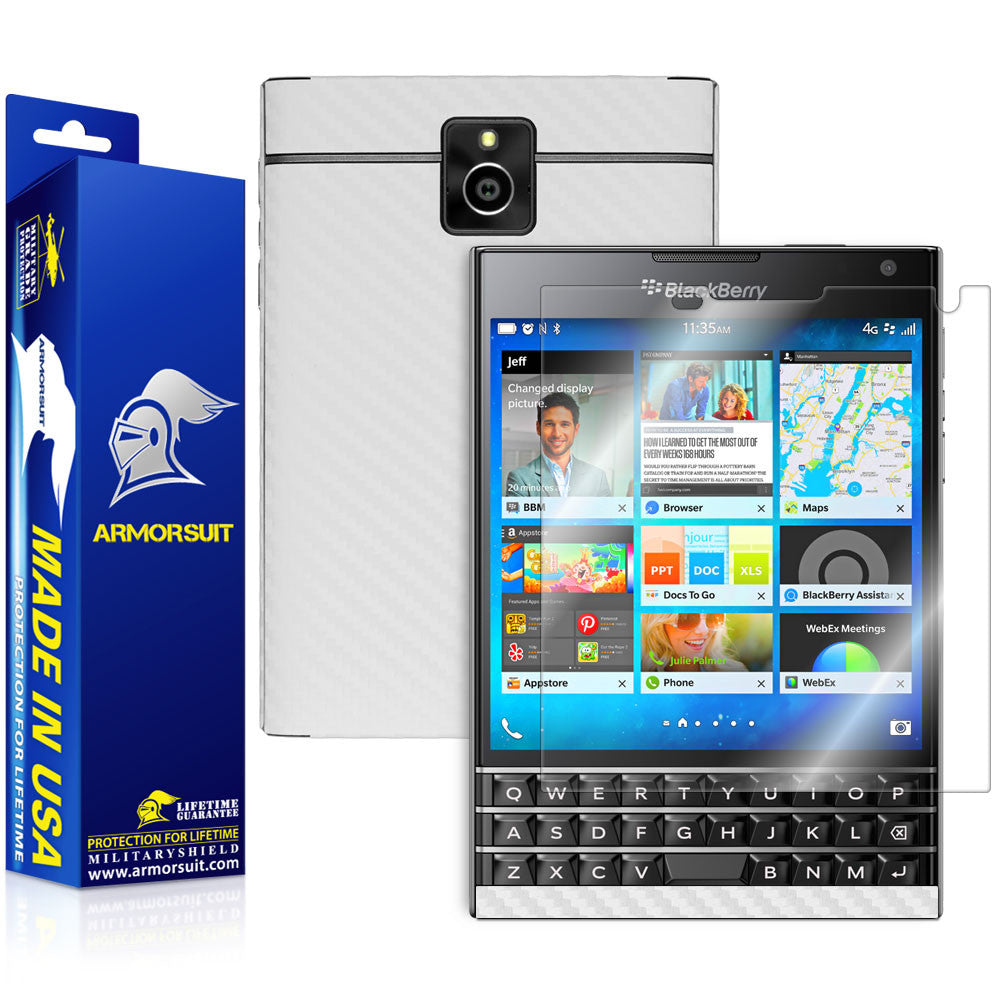 BlackBerry Passport Screen Protector + White Carbon Fiber Skin