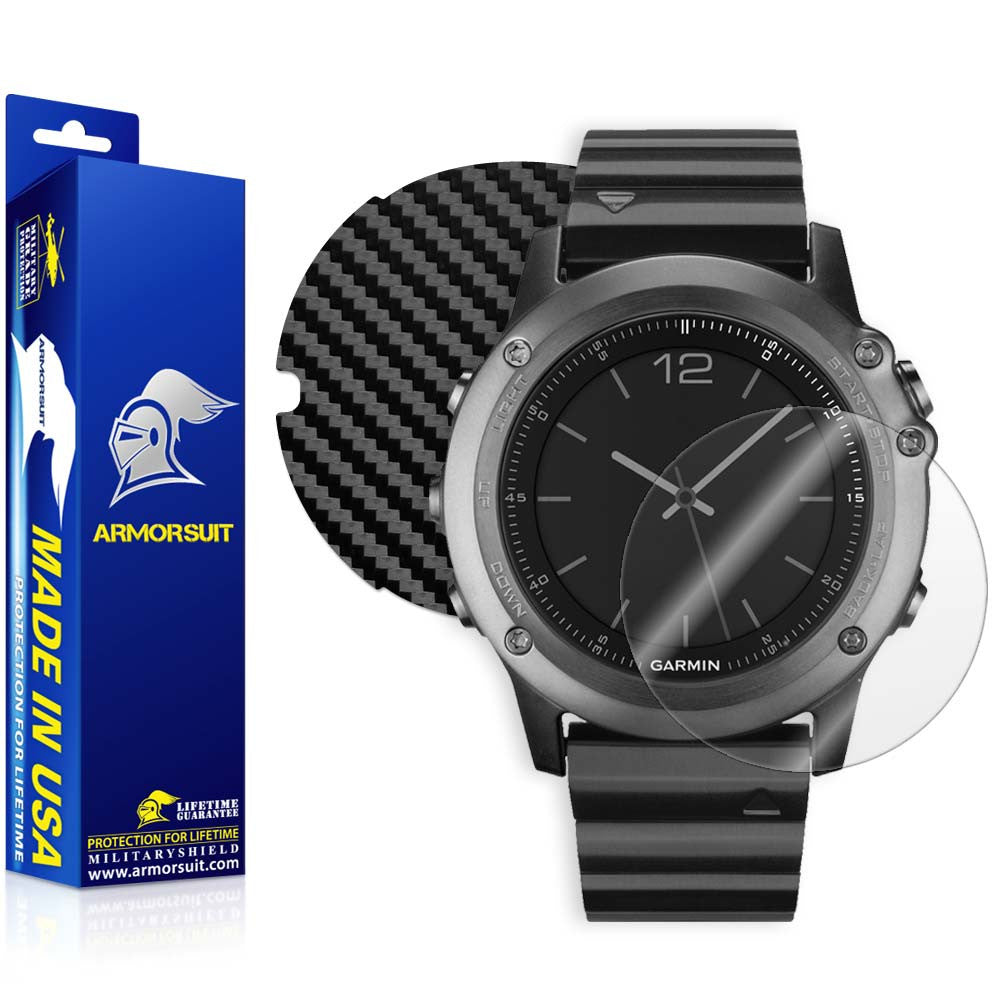 Garmin Fenix 3 Screen Protector + Black Carbon Fiber Skin