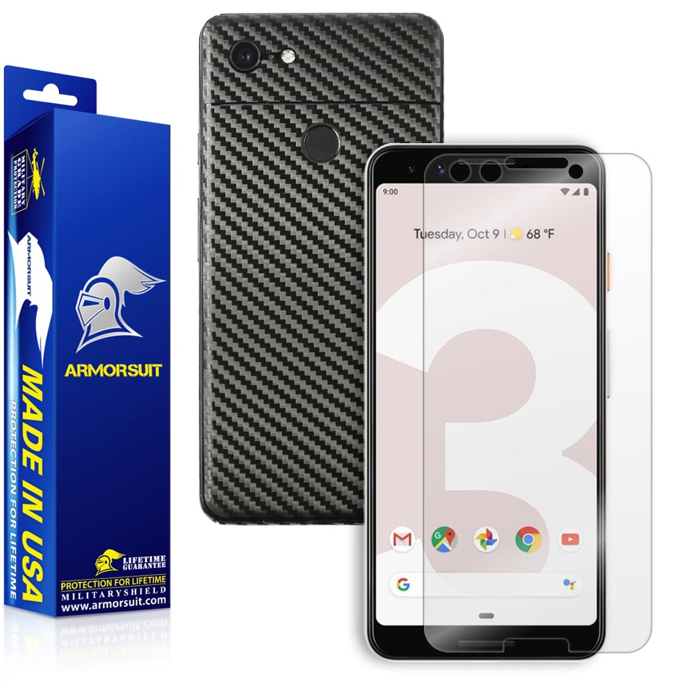 Google Pixel 3 Screen Protector + Black Carbon Fiber Skin