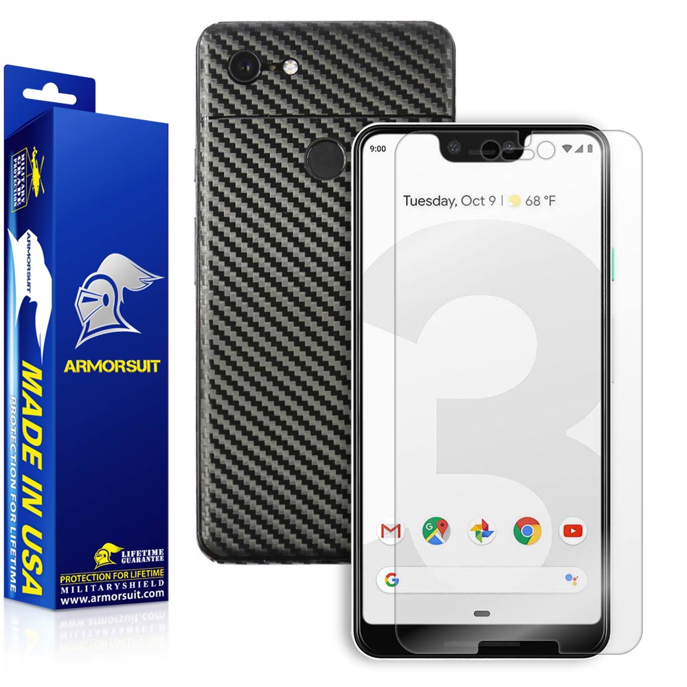 Google Pixel 3 XL Screen Protector + Black Carbon Fiber Skin