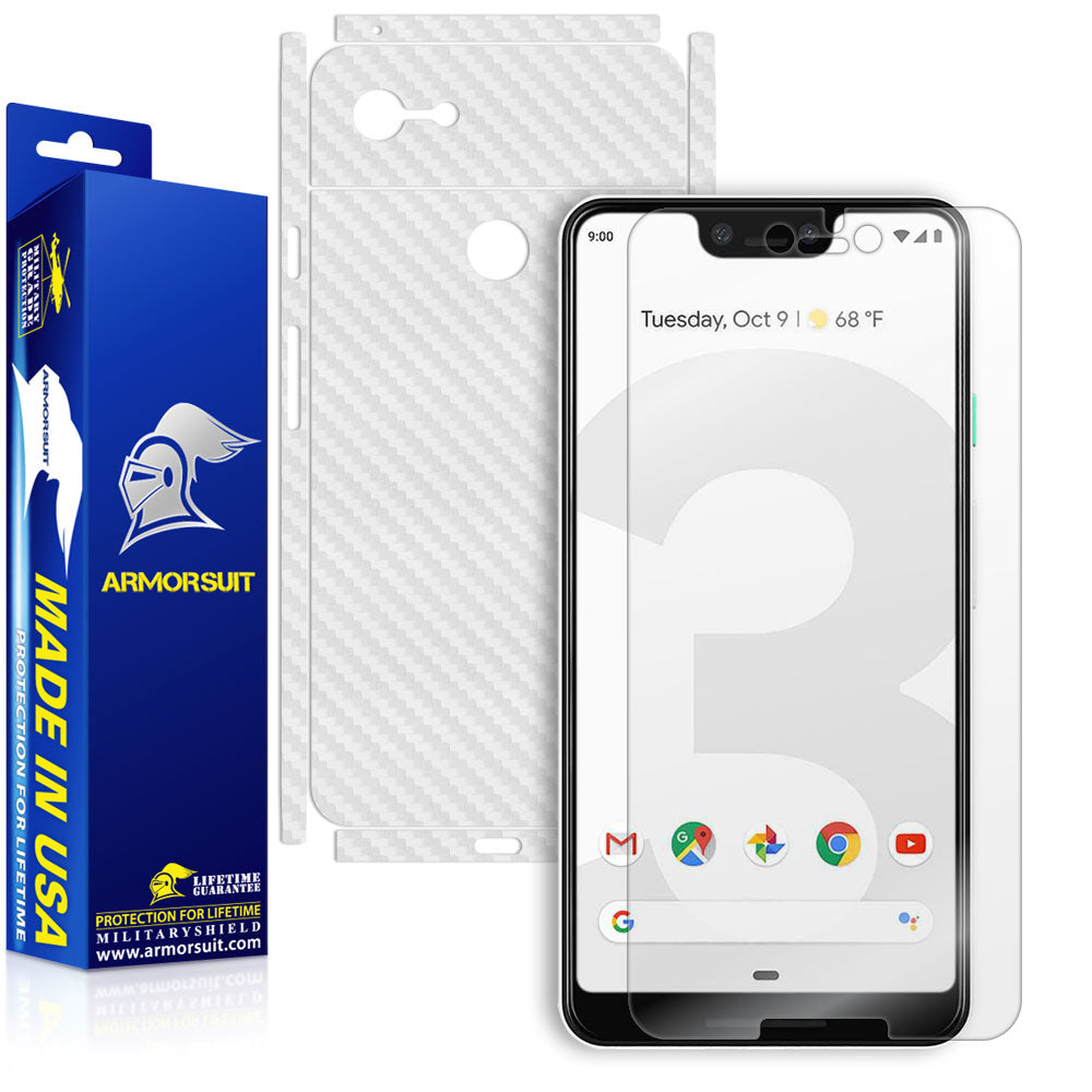 Google Pixel 3 XL Screen Protector + White Carbon Fiber Skin