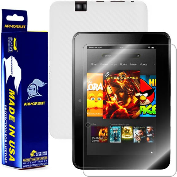 Amazon Kindle Fire HD 7 Inch (2012 First Generation) Screen Protector + White Carbon Fiber Skin Protector