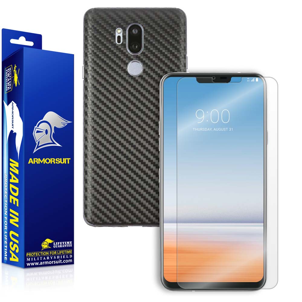LG G7 ThinQ Screen Protector + Black Carbon Fiber Skin