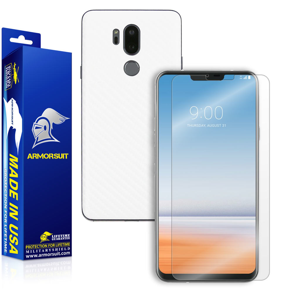 LG G7 ThinQScreen Protector + White Carbon Fiber Skin