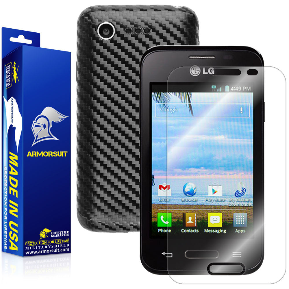 LG Optimus Fuel L34C Screen Protector + Black Carbon Fiber Skin