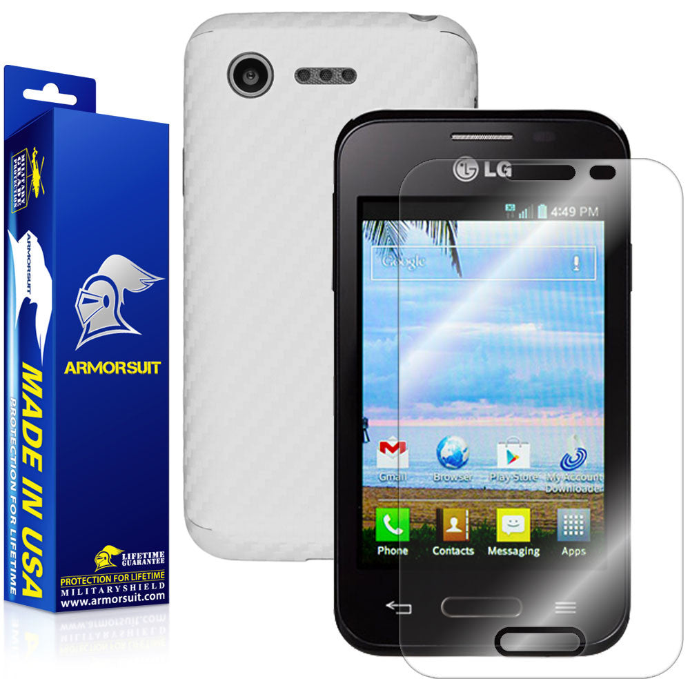 LG Optimus Fuel L34C Screen Protector + White Carbon Fiber Skin