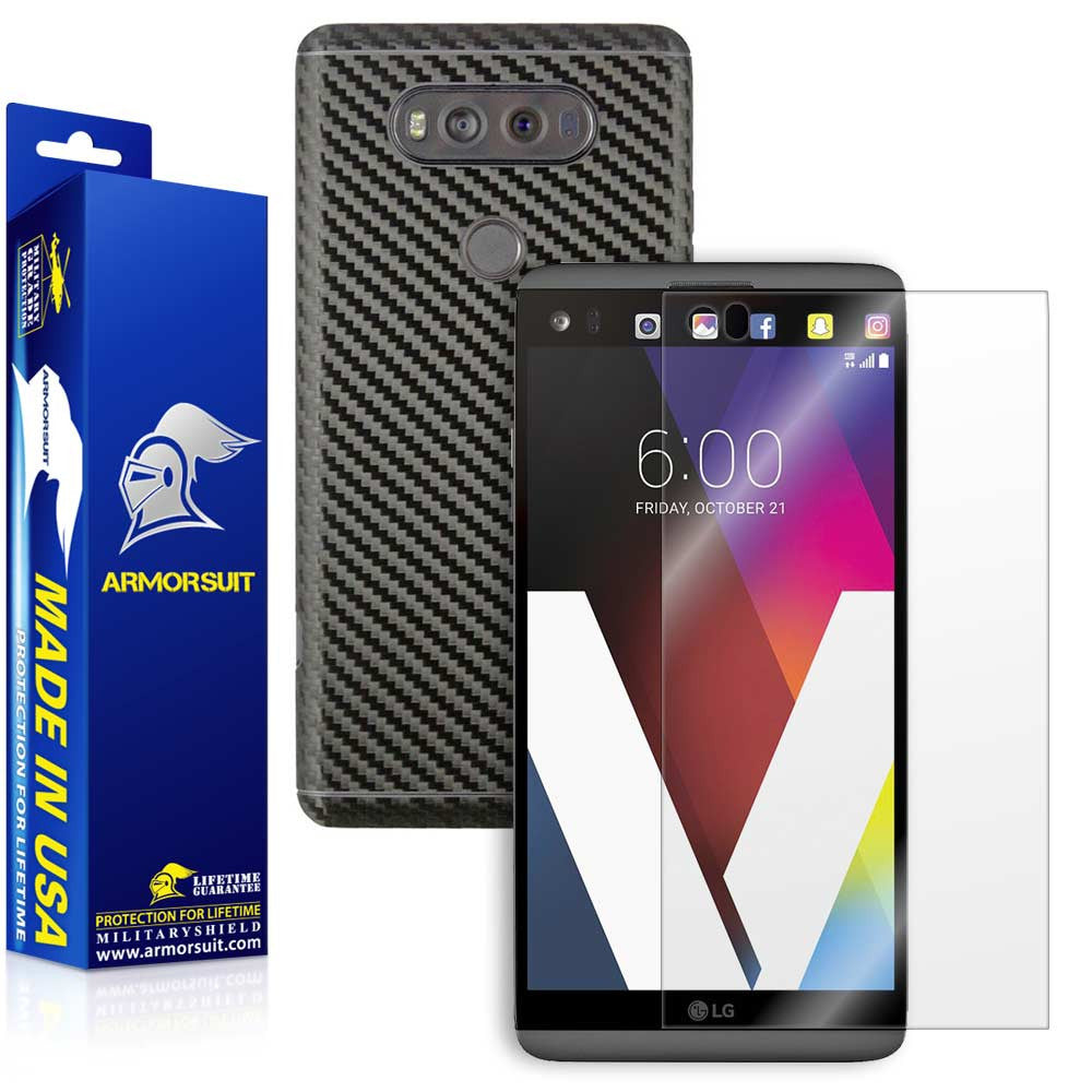 LG V20 Screen Protector + Black Carbon Fiber Skin