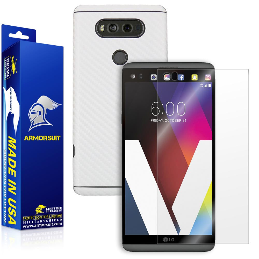 LG V20 Screen Protector + White Carbon Fiber Skin