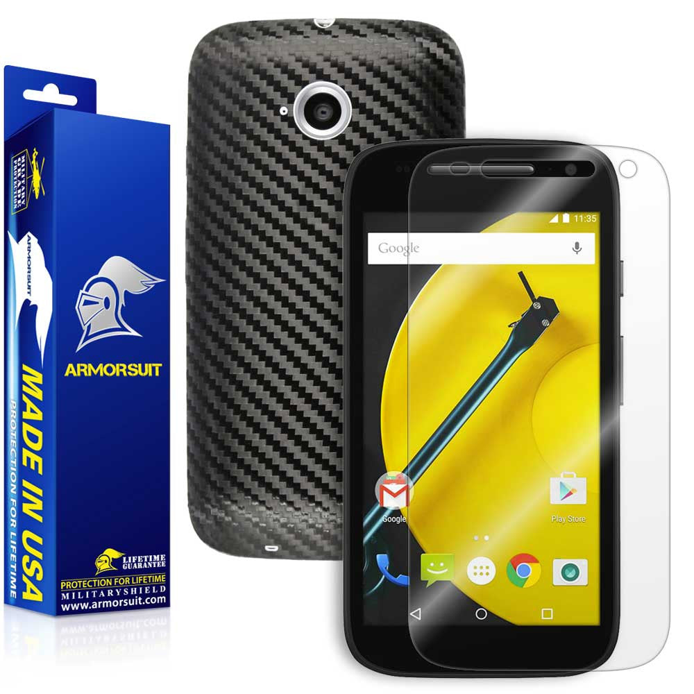 Motorola Moto E (2nd Gen, 2015) Screen Protector + Black Carbon Fiber Skin