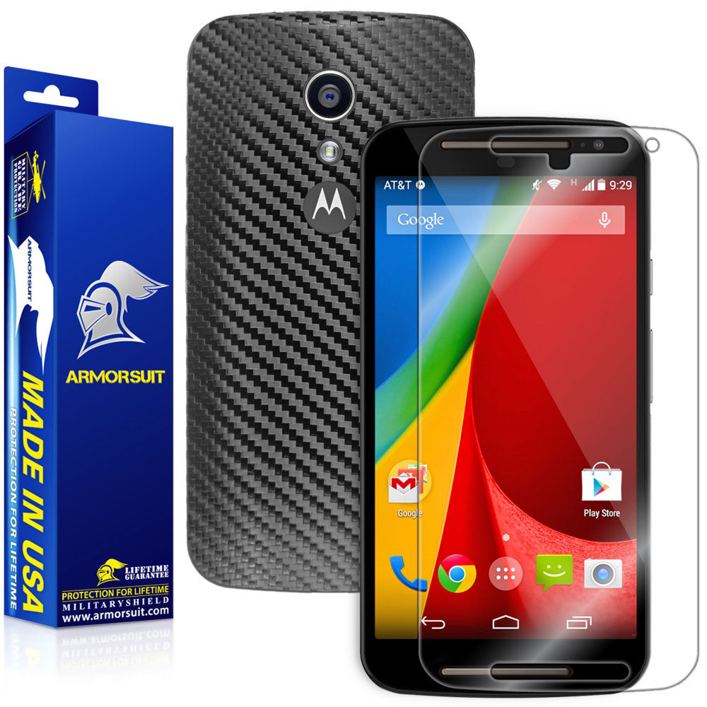 Motorola Moto G (2nd Generation 2014) Screen Protector + Black Carbon Fiber Skin