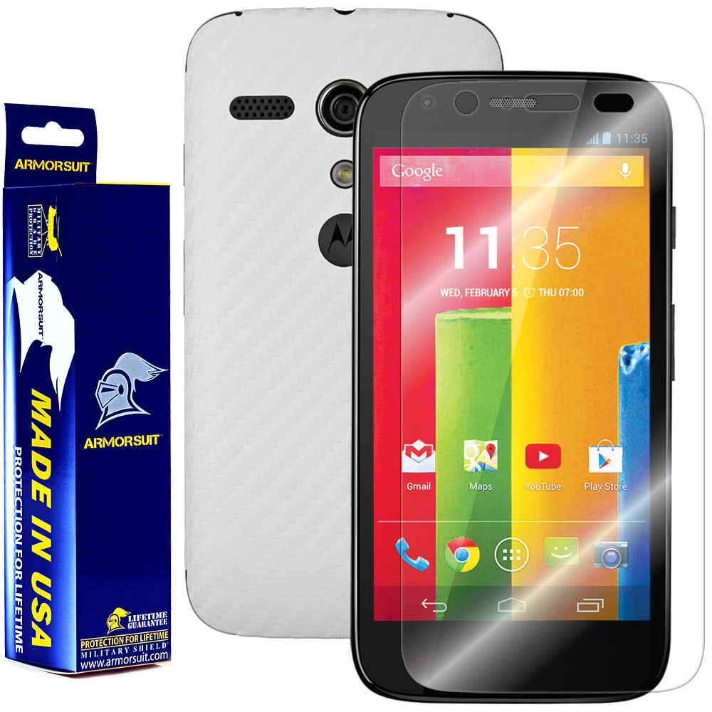 Motorola Moto G (1st Generation) Screen Protector + White Carbon Fiber Film Protector