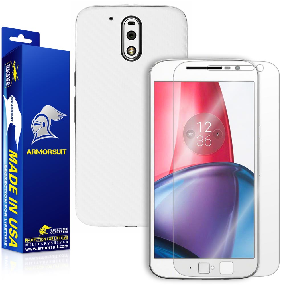 Motorola Moto G4 Plus Screen Protector + White Carbon Fiber Skin