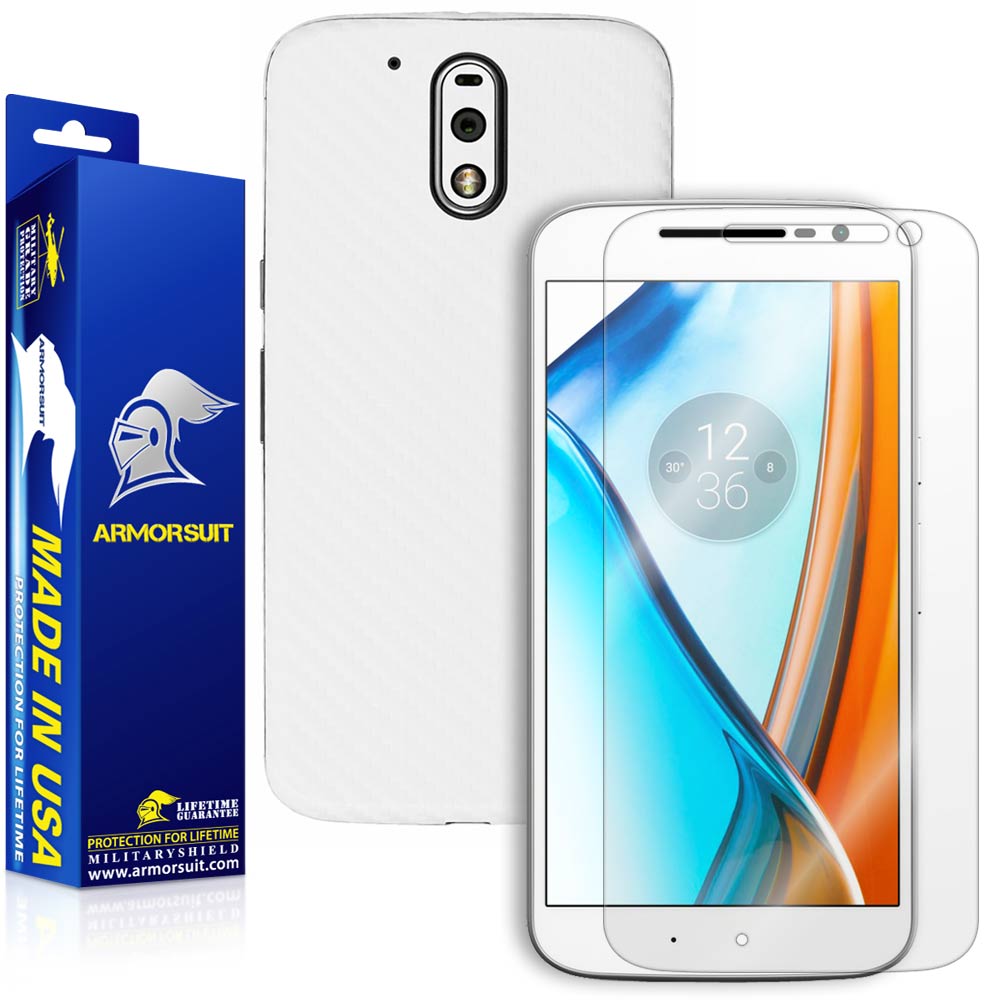 Motorola Moto G4 (4th Gen) Screen Protector + White Carbon Fiber Skin