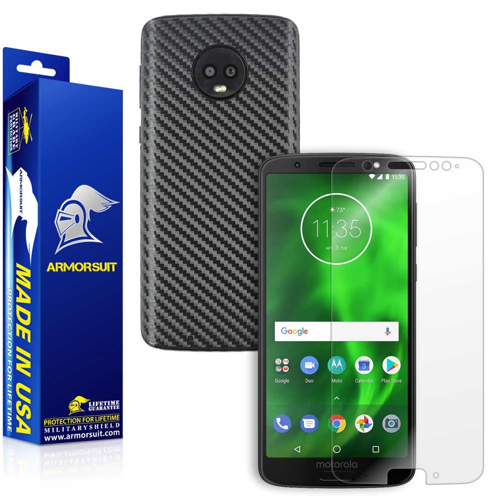 Motorola Moto G6 Screen Protector + Black Carbon Fiber Skin Protector