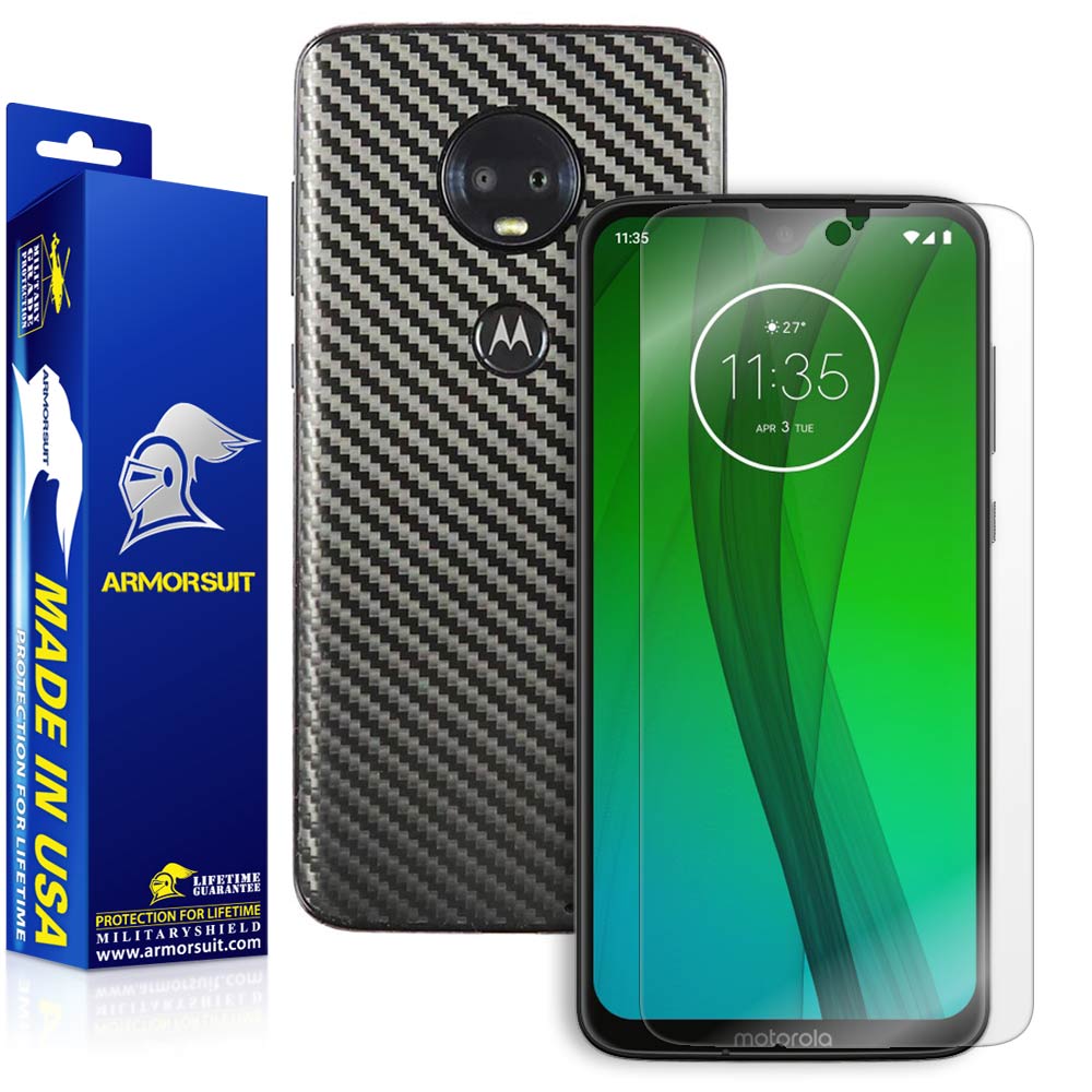 Motorola Moto G7 Screen Protector + Black Carbon Fiber Skin Protector