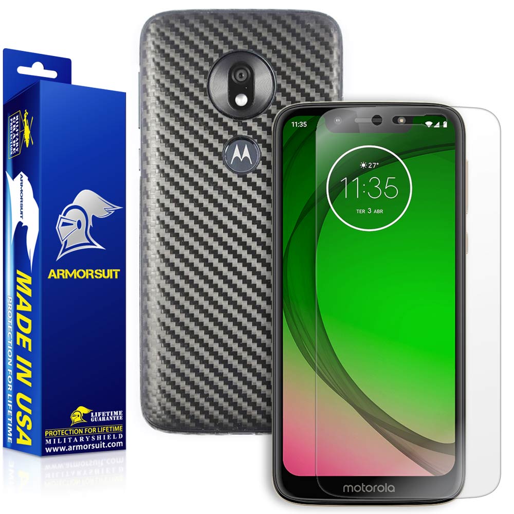 Motorola Moto G7 Play Screen Protector + Black Carbon Fiber Skin Protector