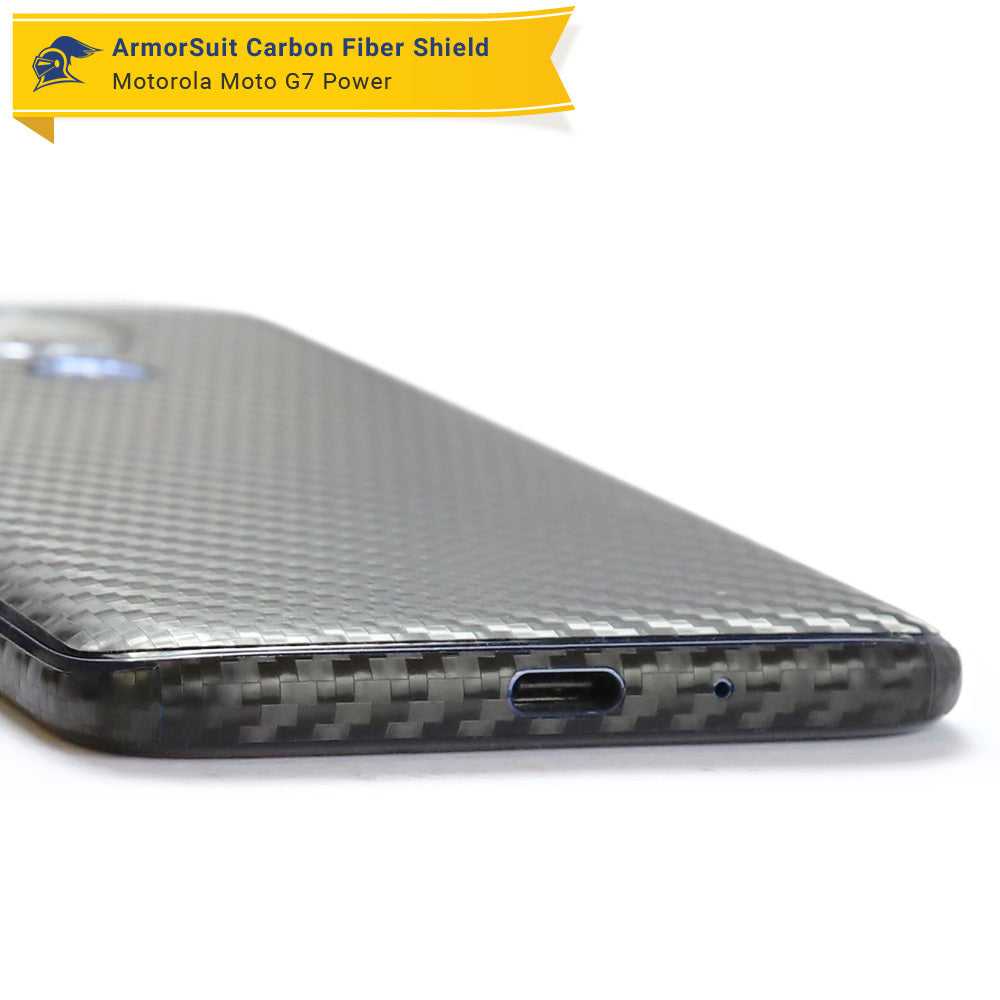 Motorola Moto G7 Power Screen Protector + Black Carbon Fiber Skin Protector