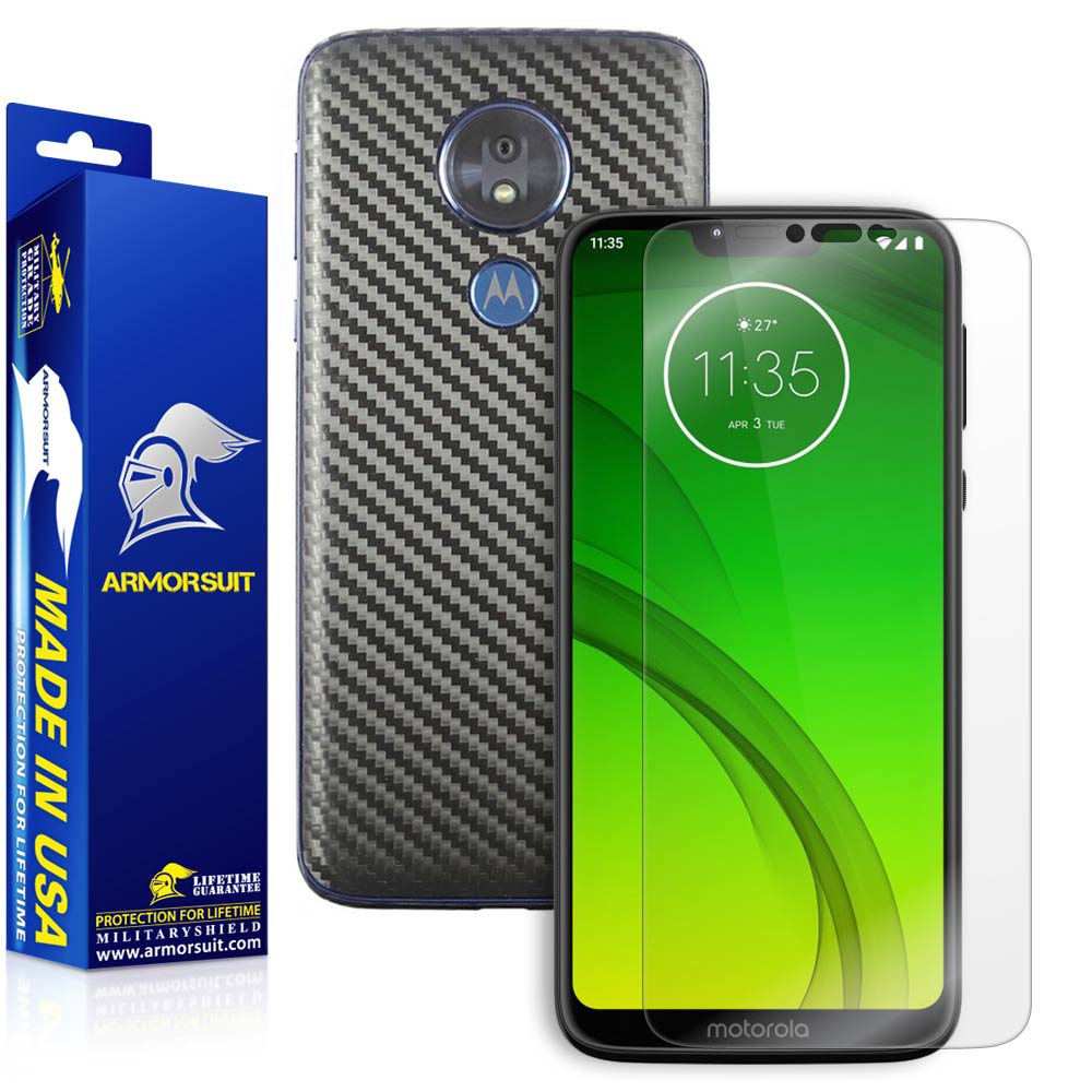 Motorola Moto G7 Power Screen Protector + Black Carbon Fiber Skin Protector