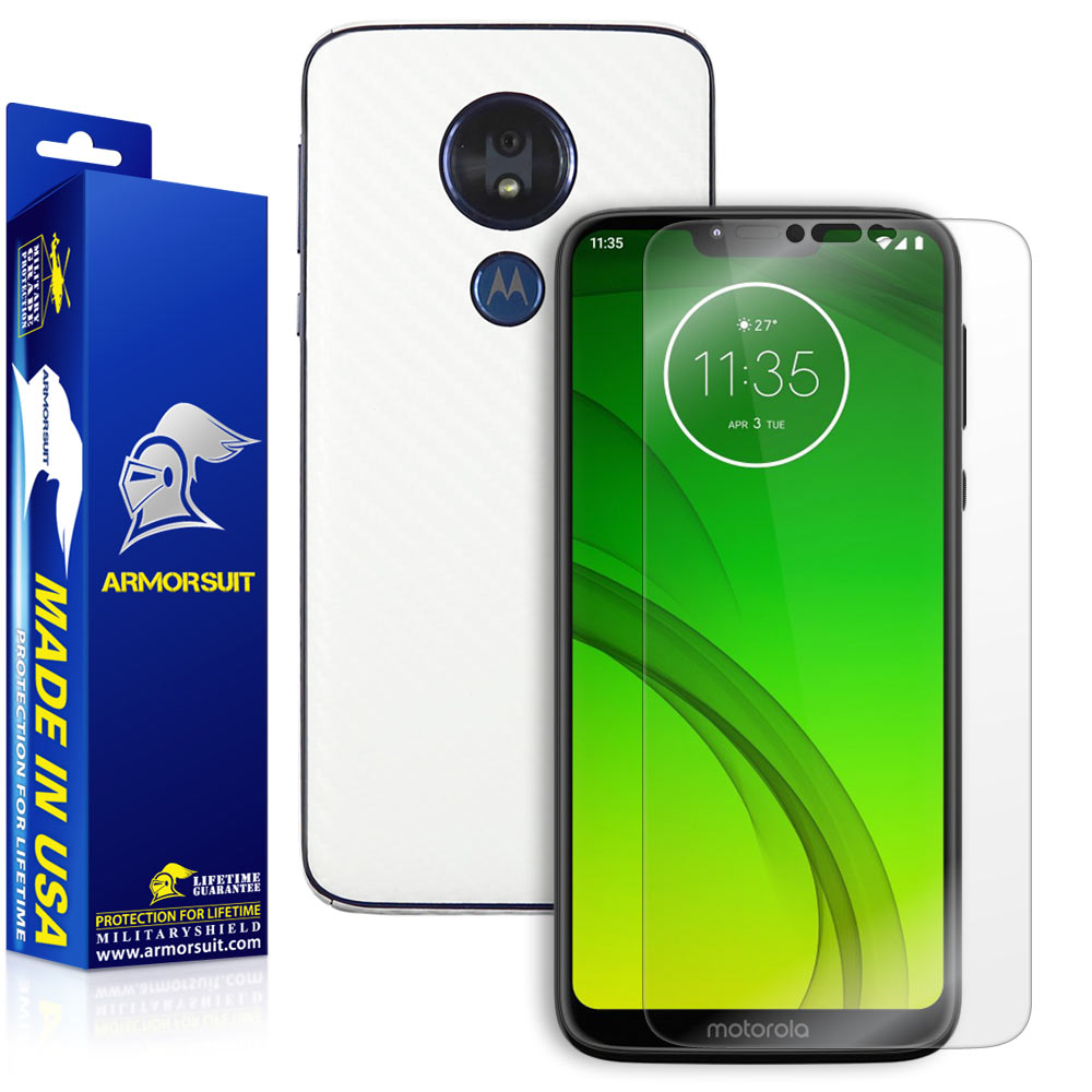 Motorola Moto G7 Power Screen Protector + White Carbon Fiber Skin Protector