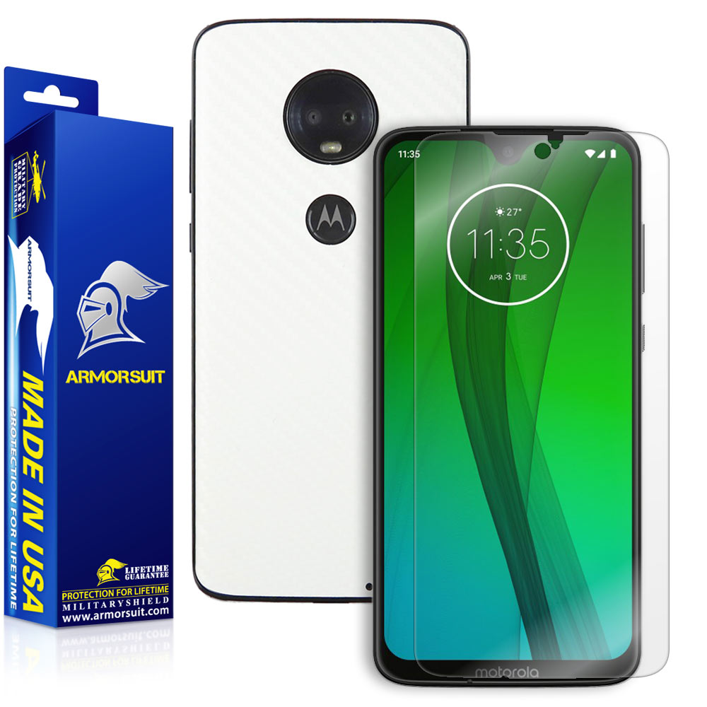 Motorola Moto G7 Screen Protector + White Carbon Fiber Skin Protector