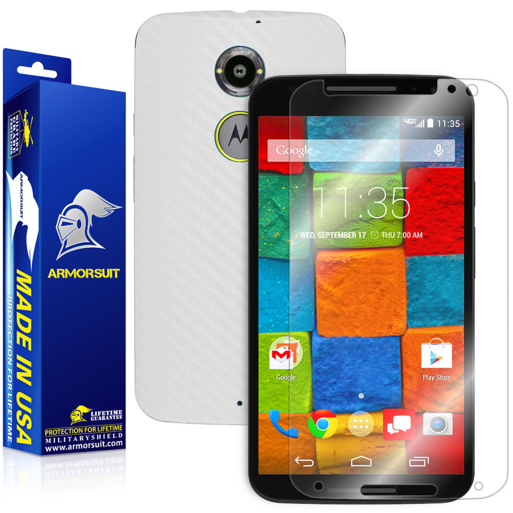 Motorola Moto X (2nd Generation 2014) Screen Protector + White Carbon Fiber Skin