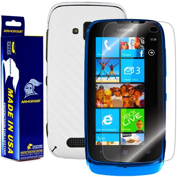 Nokia Lumia 610 Screen Protector & White Carbon Fiber Skin Protector