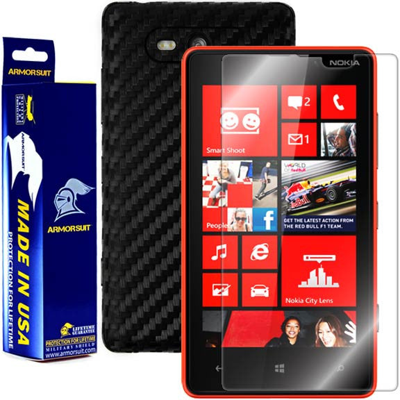 Nokia Lumia 820 Screen Protector + Black Carbon Fiber Skin Protector
