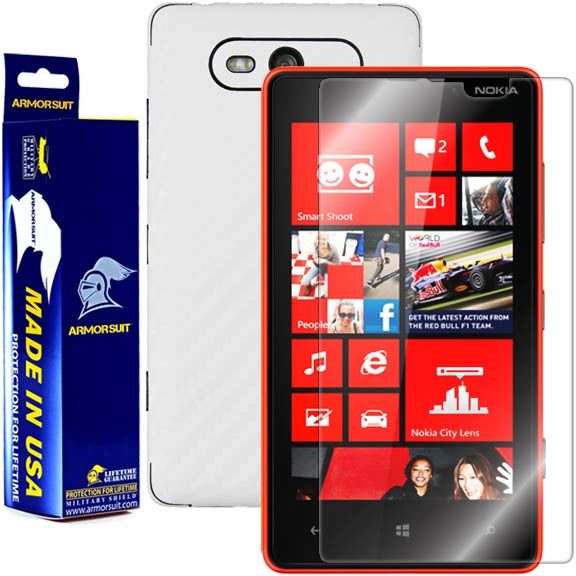 Nokia Lumia 820 Screen Protector + White Carbon Fiber Skin Protector