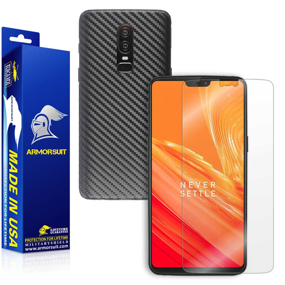 OnePlus 6 Screen Protector + Black Carbon Fiber Skin