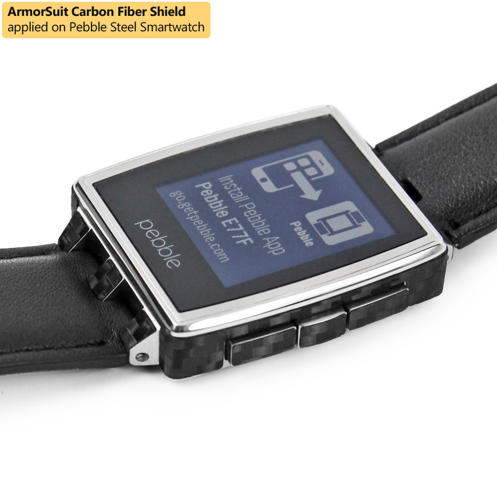 Pebble Steel Smartwatch Screen Protector + Black Carbon Fiber Skin