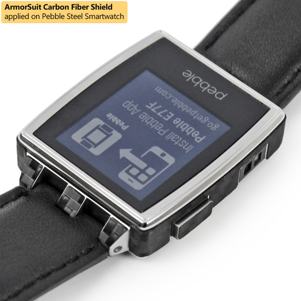 Pebble Steel Smartwatch Screen Protector + Black Carbon Fiber Skin