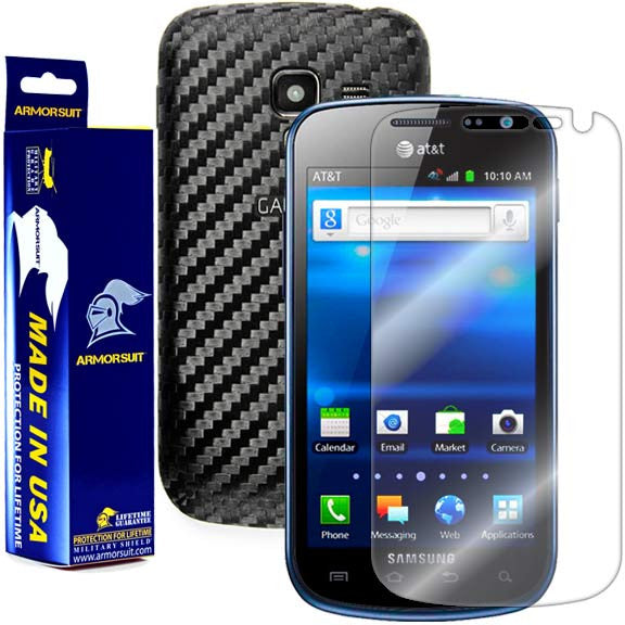 Samsung Galaxy Exhilarate Screen Protector + Black Carbon Fiber Skin Protector