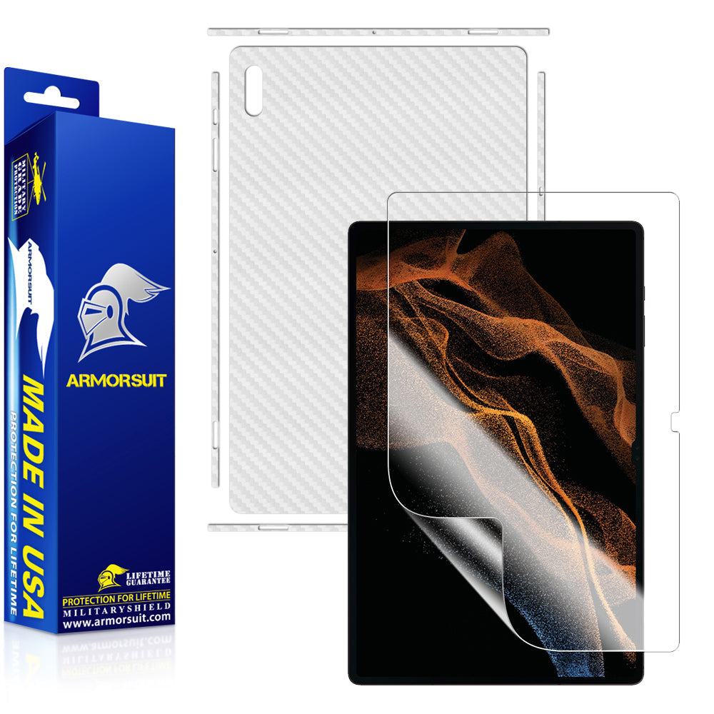 Armorsuit MilitaryShield White Carbon Fiber Skin Wrap Film + HD Clear Screen Protector Designed for Samsung Tab S8 (2022) - Anti-Bubble Film