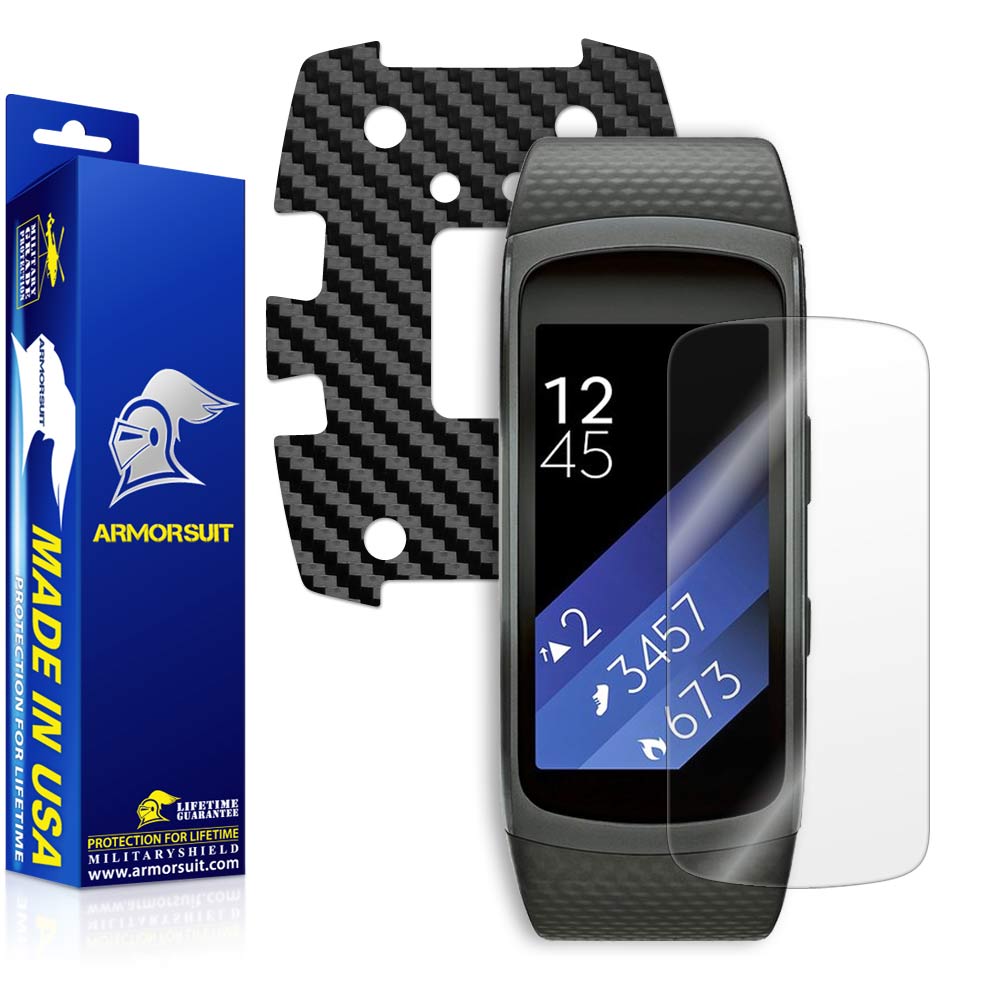 Samsung Gear Fit2 Screen Protector + Black Carbon Fiber Skin